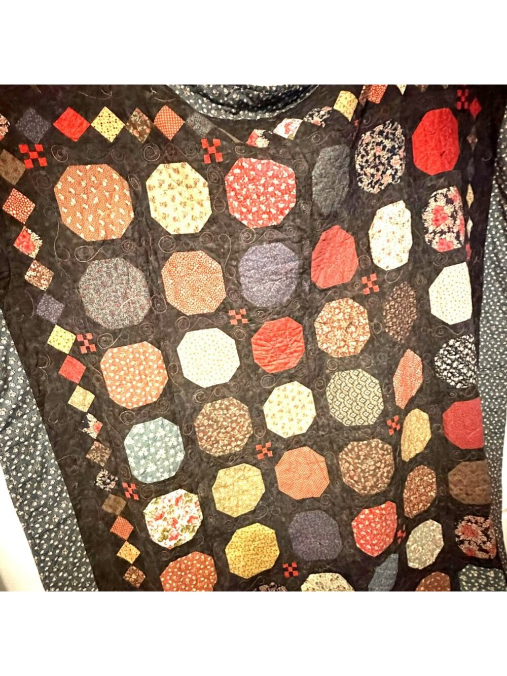 Handmade Patchwork Quilt 88x70 Snowball Floral Geometric Brown Red Blue Vintage